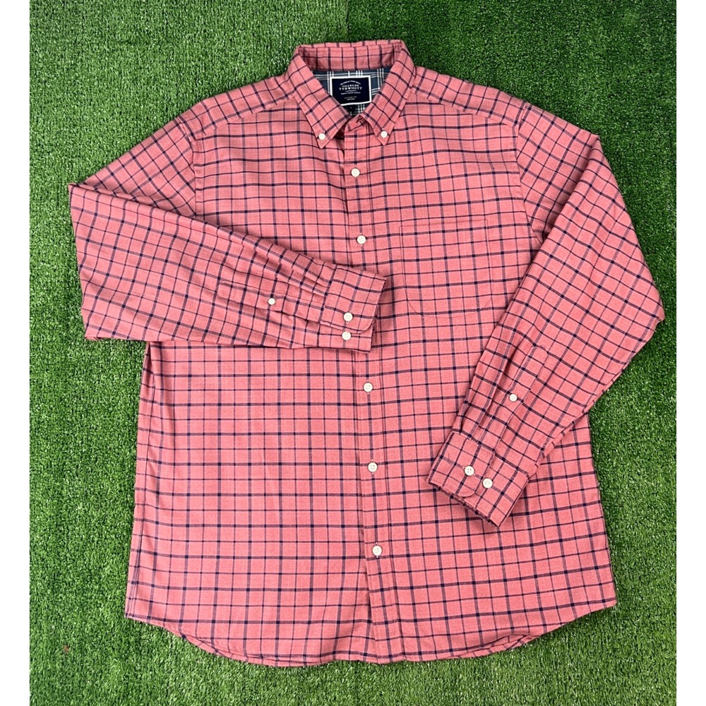Charles Tyrwhitt Mens Large Classic Fit Non-Iron Pink Navy Tattersall Shirt